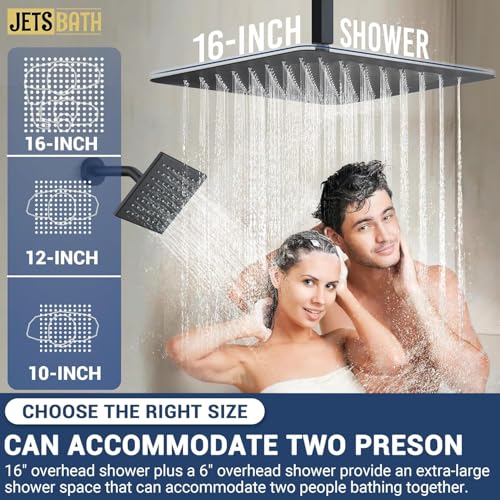 16" Thermostatic Dual Rainfall Head Shower System with Handheld & Valve, 16” Ceiling Shower Faucet Set with 6-Inch Shower Head, JetsBath Matte Black Full Body Shower System for Couples/ 2-Person - color: Matte Black