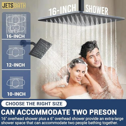 16" Thermostatic Dual Rainfall Head Shower System with Handheld & Valve, 16” Ceiling Shower Faucet Set with 6-Inch Shower Head, JetsBath Matte Black Full Body Shower System for Couples/ 2-Person - color: Matte Black