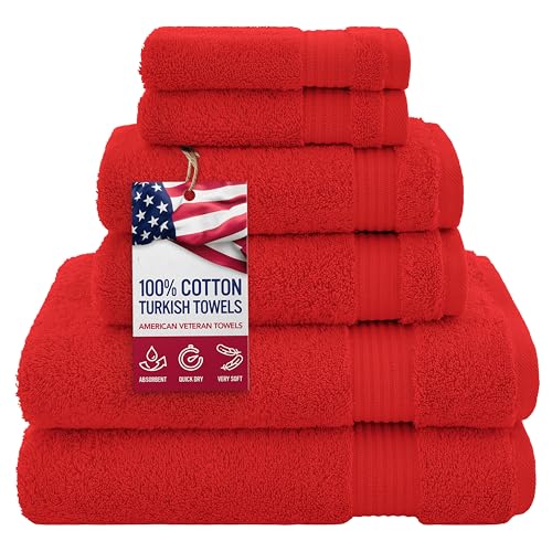 American Veteran Towel, 100% Cotton Turkish 6 Piece Towel Set, Luxury Towels Set of 6 for Bathroom Essentials, 2 Bath Towels 2 Hand Towels 2 Washcloths, Red - color: Red, size: XL 6PC