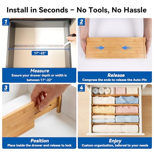 4 Pack 8" Deep Bamboo Drawer Dividers, 17-22" Expandable Kitchen Organizers | Adjustable Spring-Loaded Tension Separators with Foam Pad for Clothes, Utensils, Kitchen, Dresser, Nursery & Bathroom - size: 8"H, 17-22"L Adjustable