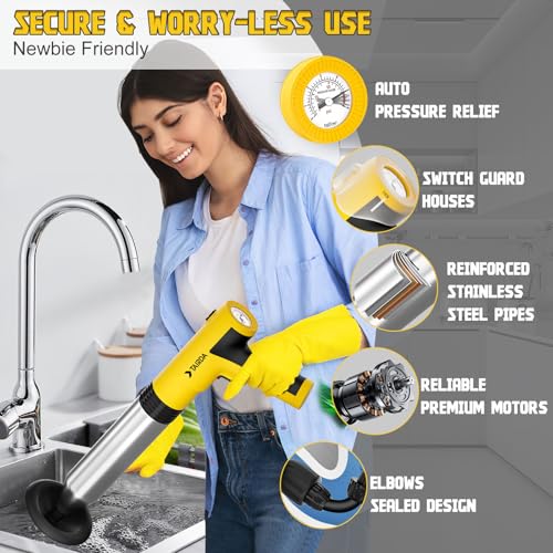 Electric Toilet Plunger, High Pressure Toilet Plungers | Electric Drain Unclogger Tool with Automatic Pressurized, NO Splash Back, 3 Heads & Storage Bag, For Bathroom Shower Floors