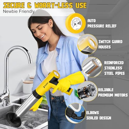 Electric Toilet Plunger, High Pressure Toilet Plungers | Electric Drain Unclogger Tool with Automatic Pressurized, NO Splash Back, 3 Heads & Storage Bag, For Bathroom Shower Floors