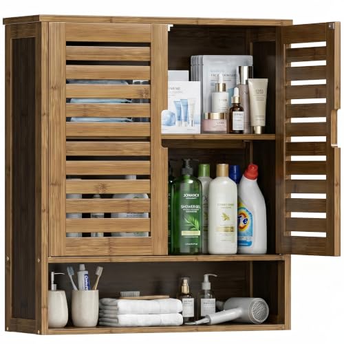 SMIBUY Bathroom Cabinet Wall Mounted, Bamboo Over-The-Toilet Storage Organizer, Space Saver Medicine Cabinet with 2 Door and Adjustable Shelves (Walnut) - color: Walnut