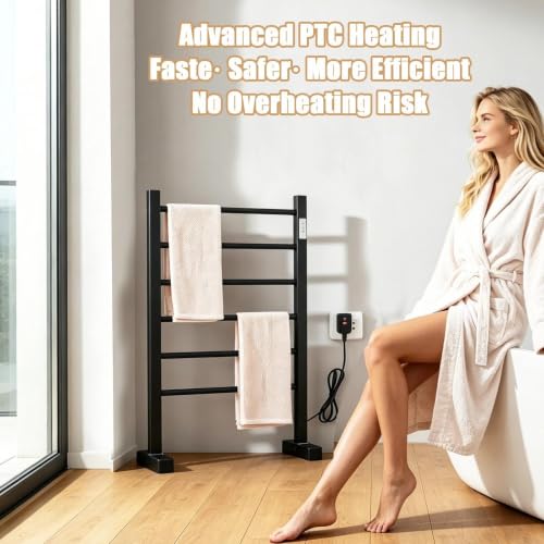 Freestanding Heated Towel Rack Matte Black | 6 Bars Electric Towel Warmer with Digital Timer Control Wall Mount & Floor Standing 2 in 1 Towel Drying Rack for Bathroom - size: 53*80