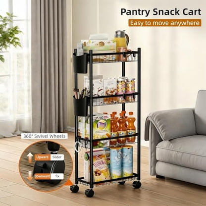 Slim Rolling Storage Cart, 4 Tier Narrow Utility Cart with Wheels, Skinny Metal Mobile Shelf Unit Organizer for Bathroom Kitchen Laundry Room Pantry Office Small Spaces, Black