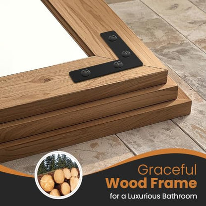 Wood Framed Bathroom Vanity Mirror for Wall, 26"x38" Farmhouse Mirror | Solid Wood Frame, HD Shatterproof Glass, Vertical/Horizontal Hanging, Ideal for Bathroom, Living Room, Bedroom - size: 38"L x 26"W