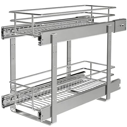 2-Tier Narrow Cabinet Pull Out Shelves, 8" W x 22" D, Chrome | Heavy-Gauge Wire Sliding Shelves, 100 lbs Limit, Ball-Bearing Glides, 3 Heights, Min 9" Opening, For Spices & Under Sink - size: 8 x 22 Inch