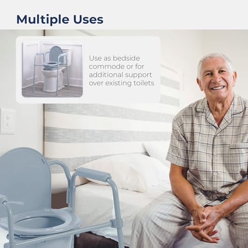 Drive Medical Folding Steel Bedside Commode Chair, 3-in-1, Gray | Folding Steel Bedside Commode Chair Offers 3-in-1 Portable Toilet Design with 7.5 Qt Bucket and 350 Lb Capacity