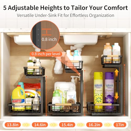 Under Sink Organizer, Under Sink Organizers and Storage, 2-Tier Pull Out Under Cabinet Organizer Storage Shelf, Metal Frame, Height Adjustable Rack for Bathroom Kitchen Pantry - style: Black, 1-Pack