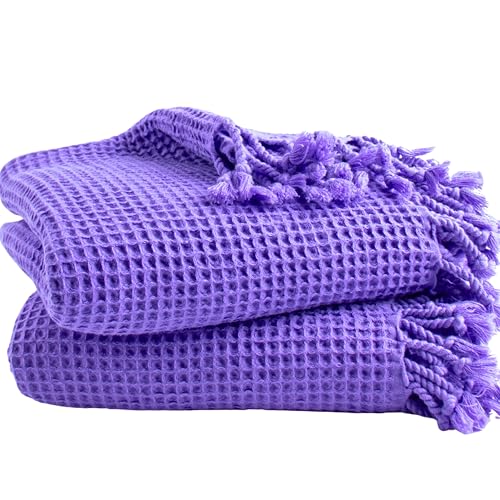 PÜSKÜL 2-Piece Luxury Natural 100% Turkish Cotton Beach Towels Waffle Weave | Purple, Oversize 35x70" Bath Sheet Towel Lightweight Soft Absorbent Quick-Dry Sand-Free Peshtemal Oeko-Tex Made in Turkey - color: Purple