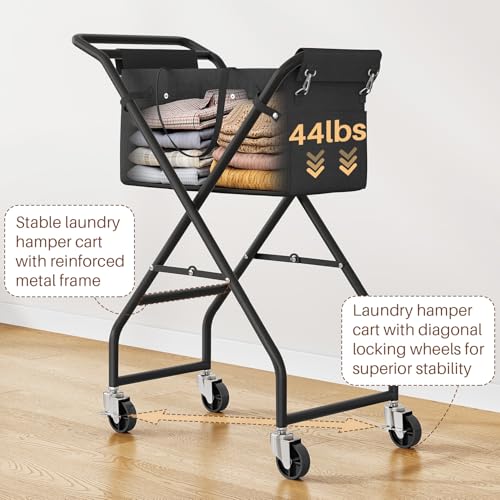 No-Bend Laundry Cart- Rolling Hamper with Locking Wheels & Handle, Foldable Basket Screw-Free Assembly, Durable Metal Frame & Removable Liner Bag for Bedroom & Bathroom (Black) - color: Black