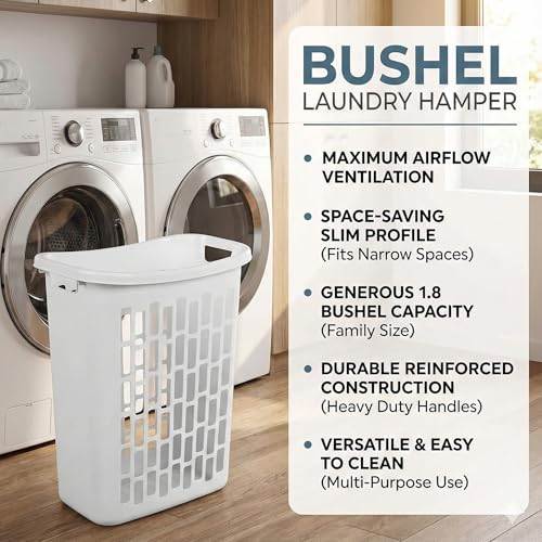 Bushel Laundry Hamper, Slim Rectangular Ventilated Plastic Clothes Basket, Heavy Duty Washing Bin With Reinforced Handles for Bathroom, Dorm, and Closet Organization, White, 1 Pack