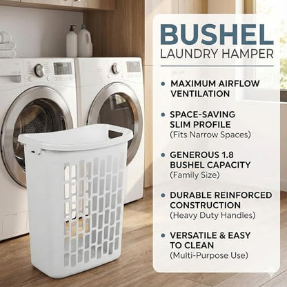 Bushel Laundry Hamper, Slim Rectangular Ventilated Plastic Clothes Basket, Heavy Duty Washing Bin With Reinforced Handles for Bathroom, Dorm, and Closet Organization, White, 1 Pack