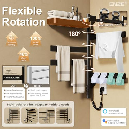 ENZE Smart Rotating Heated Towel Rack, 4-Bar, Matte Black | Wall-Mounted Electric Towel Warmer, Swivel Shelf, Wi-Fi App Control, 24H Timer, Stainless Steel - color: Black 17.72"x26.77"