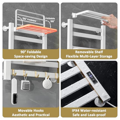 Towel Warmer Rack, Space Aluminum Electric Heated Towel Racks for Bathroom, 4 Bars Wall Mounted Bath Towel Heater with Built-in Timer&Temperature Adjustment, Plug-in, White&Gold - color: White&gold