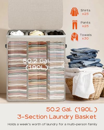 CASAMAYA Laundry Basket with Lid, Laundry Hamper 3 Section, 190L collapsible Laundry Organizer, Easy Assembly, with Handles and Removable Liners, 25.2 x 15.7 x 29.5 Inches, Beige JSP904M - color: Beige, size: 190L(3-Section)