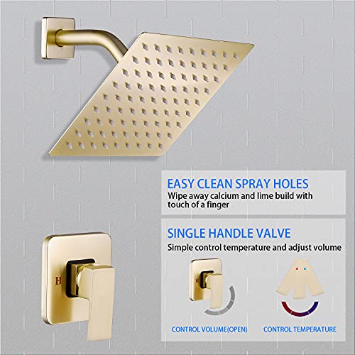 Brushed Gold Shower Faucet GGStudy Single Function Shower Trim Kit with Rough-in Valve Shower Set Bath Rainfall Shower Faucet System 8inch Square Stainless Steel Metal Shower Head - color: Brushed Gold, style: Square