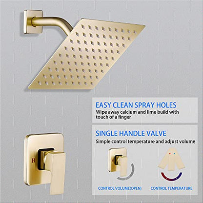 Brushed Gold Shower Faucet GGStudy Single Function Shower Trim Kit with Rough-in Valve Shower Set Bath Rainfall Shower Faucet System 8inch Square Stainless Steel Metal Shower Head - color: Brushed Gold, style: Square