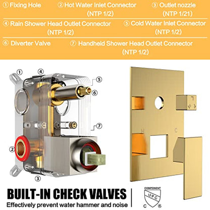 Brushed Gold Shower System Rain Faucet Set with Tub Spout, 12 inch | All-Metal Wall Mounted Bathroom Shower Faucet Set with Safe Pressure Balance Valve, Water Saving High Pressure Rainfall Head - color: Brushed Gold, style: 12in with Tub spout