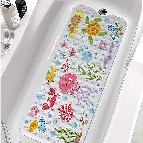 Bathtub Mats for Kids, Cartoon Bath Mats for Bathroom Non Slip, Large Washable Shower mats for Showers with Drain Holes and Suction Cups (Jellyfish, 40 X 16 Inch) - color: Jellyfish