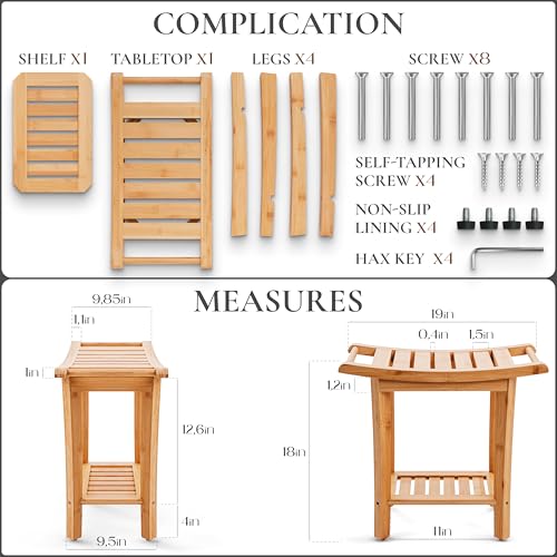 Teak shower bench with Storage Shelf, Shower Stool for Inside Shower, Waterproof Shower Bench Seat, Shower Chair for Inside Shower, Wood Bench, Bathroom Bench (Natural Wood) (Bamboo Wood) - color: Bamboo Wood