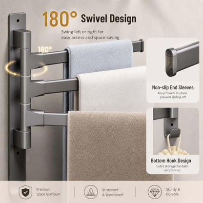 2-5 Arms Swivel Towel Rack Bath Towel Holder with Hook Swing Arm Towel Rack Wall Mount for Bathroom Kitchen-Grey 3Arm - color: Grey, size: 3-arm
