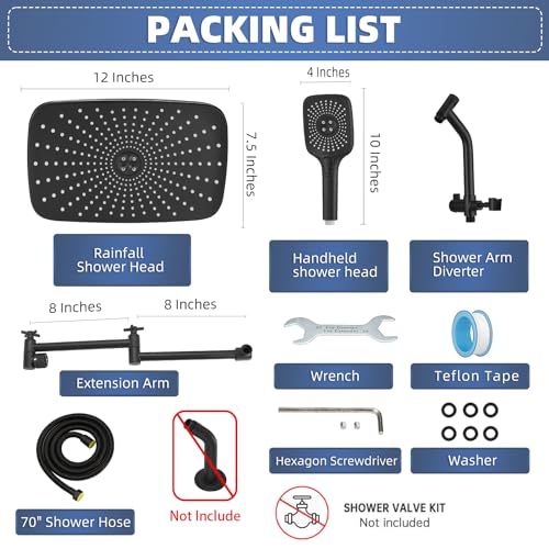 12" High Pressure Rain/Rainfall Shower Heads With Handheld Spray Combo (3+1 Settings & Built-in Power Wash Mode), Double/Dual Shower Head With Handheld - Height/Angle Adjustable(Matte Black) - color: Matte Black, size: 12 Inch