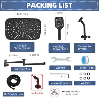 12" High Pressure Rain/Rainfall Shower Heads With Handheld Spray Combo (3+1 Settings & Built-in Power Wash Mode), Double/Dual Shower Head With Handheld - Height/Angle Adjustable(Matte Black) - color: Matte Black, size: 12 Inch