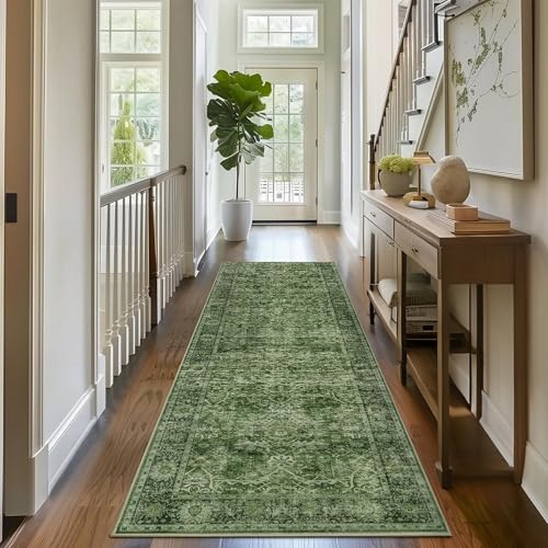 2x6 Green Runner Rugs for Hallway Kitchen Washable Kitchen Runner Rug | Boho Hallway Runner Rug Low Pile Non-Slip Vintage Distressed Accent Throw Rug for Entryway Bathroom Bedroom Green - color: Green, size: 2'*6'(Runner)