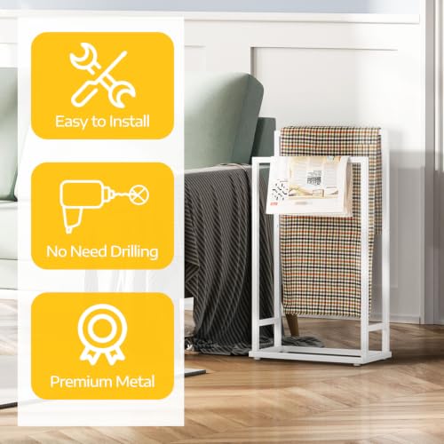 Freestanding Towel Rack 2 Tier Small Metal Towel Holder Stand | for Bathroom Floor Bedroom Laundry Room, White - color: White