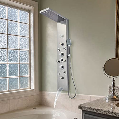 POPFLY LED Rainfall Waterfall Shower Panel Tower System, 4 Body Jets and 4 Mist Spray, 3-Function Handheld Shower, 304 Stainless Steel Shower Tower with Temp Display, Brushed - color: 8 Jets-brushed