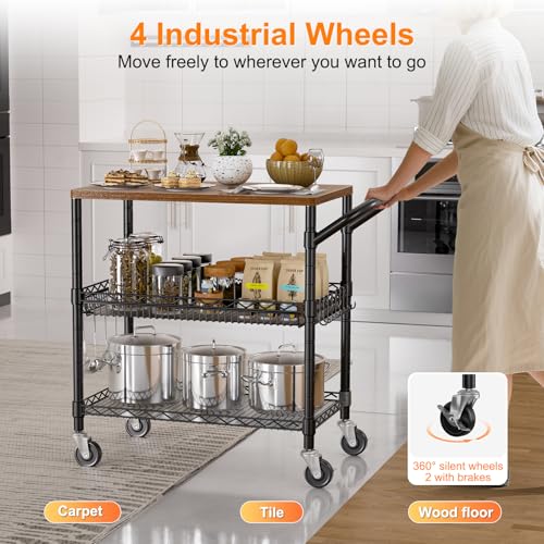 NTE Rolling Kitchen Carts on Wheels, 650Lbs Capacity 3 Tier Utility Cart with Wood Tabletop, Kitchen Storage Cart with 8 Hooks, Metal Serving Cart with Handle and Shelf Liners for Kitchen, Black - color: Wood-black