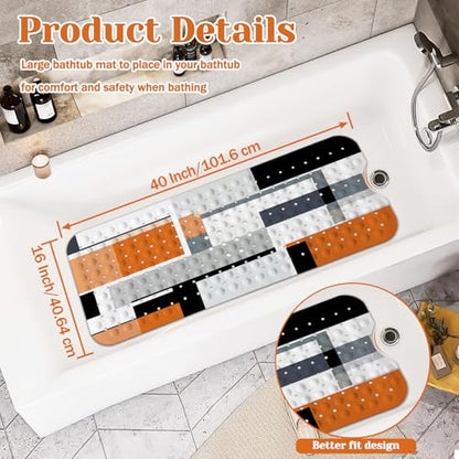 Orange Black Bath Tub Mat Non Slip, Modern Geometric Large Washable Shower Mats with Drain Holes and Suction Cups,40 X 16 Inch - color: Orange Black