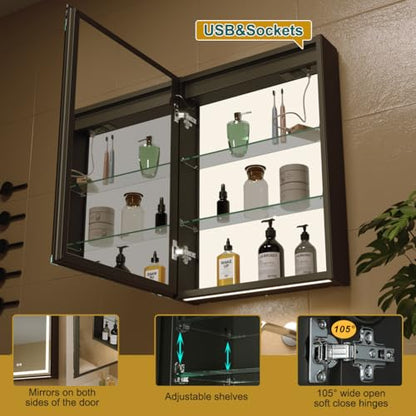 20x28 Inch Aluminum LED Bathroom Mirror Cabinet with Backlit Panel | Light Adjustment, Anti-Fog, Sockets&USBs, High Capacity, Easy to Install - color: Inner Glow-left Hinge-20*28