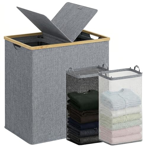 efluky Laundry Hamper with Lid, Double Laundry Basket with 2 Removable Bags, 2 Section Laundry Bin with Bamboo Handles for Bathroom, Bedroom & Laundry Room, 140L (36.9 Gallon) Blue Grey - color: Blue Grey, size: 140L Dual