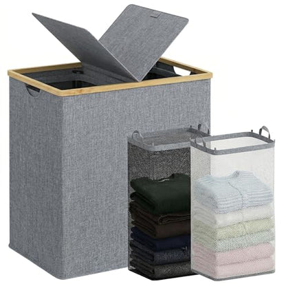 efluky Laundry Hamper with Lid, Double Laundry Basket with 2 Removable Bags, 2 Section Laundry Bin with Bamboo Handles for Bathroom, Bedroom & Laundry Room, 140L (36.9 Gallon) Blue Grey - color: Blue Grey, size: 140L Dual