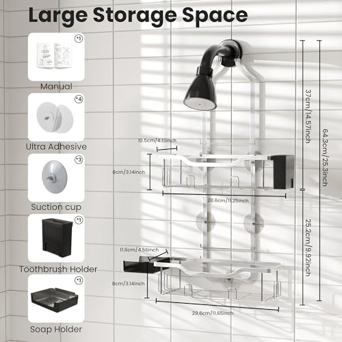 Shower Caddy Hanging 2-Tier Shower Organizer for Tall Showerhead,Rustproof Over Shower Head Rack,No Drill Bathroom Shower Caddy with Soap Dish,Toothbrush Holder and Hooks,Silver - color: Upgraded Silver