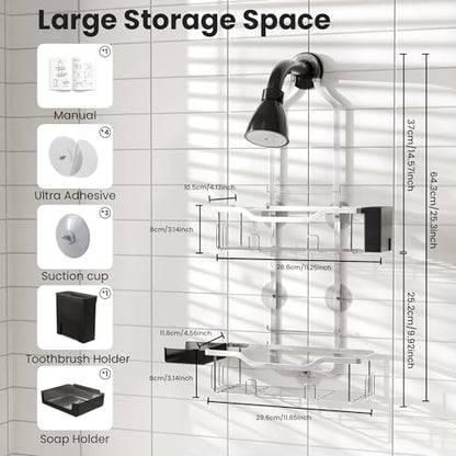 Shower Caddy Hanging 2-Tier Shower Organizer for Tall Showerhead,Rustproof Over Shower Head Rack,No Drill Bathroom Shower Caddy with Soap Dish,Toothbrush Holder and Hooks,Silver - color: Upgraded Silver