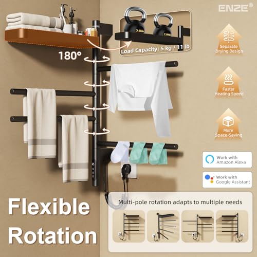 Smart Rotating Heated Towel Rack, 4-Bar, Matte Black | Wall-Mounted Electric Towel Warmer, Swivel Shelf, Wi-Fi App Control, 24H Timer, Stainless Steel - color: Black 17.72"x26.77"
