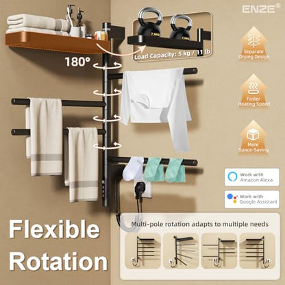 Smart Rotating Heated Towel Rack, 4-Bar, Matte Black | Wall-Mounted Electric Towel Warmer, Swivel Shelf, Wi-Fi App Control, 24H Timer, Stainless Steel - color: Black 17.72"x26.77"