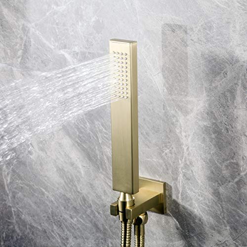 Brass Brushed Gold Hand Shower Head With Wall Connector and Hose Set | Modern Square High Pressure Wall Mount Handheld Showerheads Set - color: Brushed gold handheld set