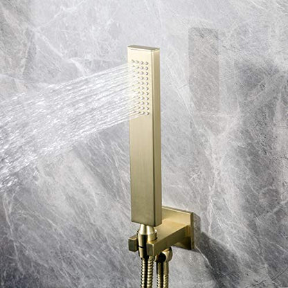 Brass Brushed Gold Hand Shower Head With Wall Connector and Hose Set | Modern Square High Pressure Wall Mount Handheld Showerheads Set - color: Brushed gold handheld set