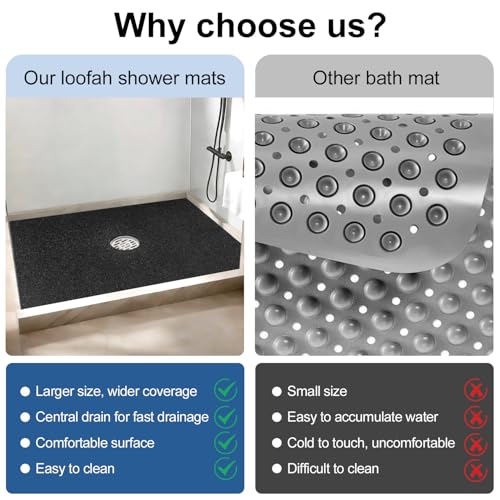 Shower Mat Non Slip 32 x 24 inch: Loofah Anti Slip Shower Mat,Non Slip Bathtub Mat for Inside Shower,Quick Drying Shower stall mat with Drain Hole in Middle,for Shower,Bathroom and Wet Areas - color: Black