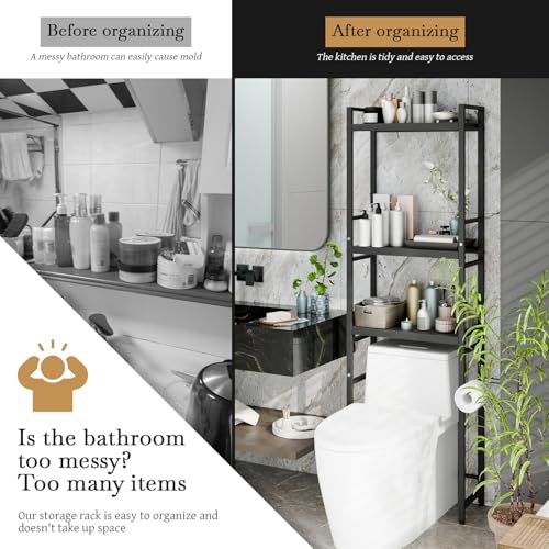 3-Tier Over-The-Toilet Storage Rack, Bathroom Organizer Shelf Over Toilet with Adjustable Shelves, Non-Slip Feet,Strong Load-Bearing High Stability Space-Saving Bathroom Organizer Shelf Bl