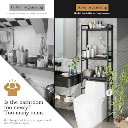 3-Tier Over-The-Toilet Storage Rack, Bathroom Organizer Shelf Over Toilet with Adjustable Shelves, Non-Slip Feet,Strong Load-Bearing High Stability Space-Saving Bathroom Organizer Shelf Bl