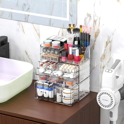 Cq acrylic 3 Pack Clear Makeup Organizer Countertop,Stackable 8 Drawers Skin Care Organizer,Cute Make Up Organizers for Vanity Jewelry,Hair Accessory,Beauty,Skin Care,Skincare Product Desk Storage - size: 8 Drawers-Set of 3