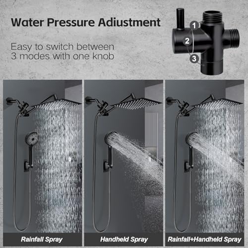 Shower Head,10”Rain Shower Head with Handheld Spray Combo with 11'' Angle Adjustable Extension Arm/Flow Regulator/Shower System,High Pressure Rainfall Shower Head Clean Bathroom,Matt Black - color: Black, size: 10 Inch