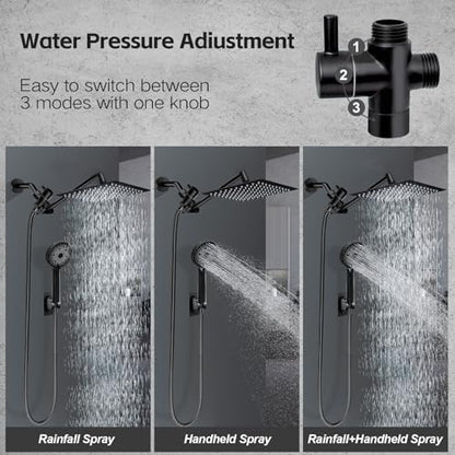 Shower Head,10”Rain Shower Head with Handheld Spray Combo with 11'' Angle Adjustable Extension Arm/Flow Regulator/Shower System,High Pressure Rainfall Shower Head Clean Bathroom,Matt Black - color: Black, size: 10 Inch