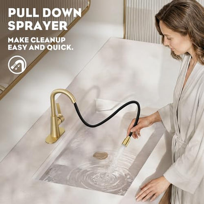 Brushed Gold Tall Bathroom Sink Faucet with Pull Down Sprayer, High Arc Single Handle Pull Out Faucet with Pop-Up Drain, 1 or 3 Hole Laundry Bar Basin Faucet with Deck Plate,WE10CL-ZY-BG - color: Brushed Gold