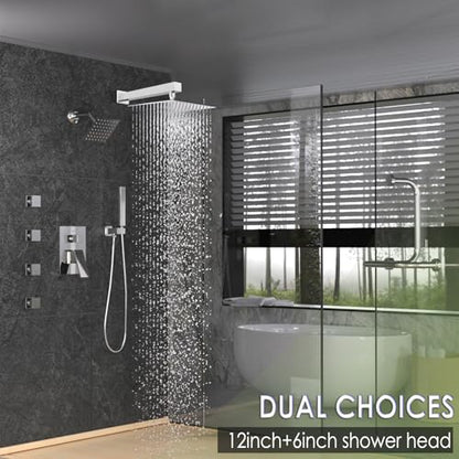 Enga Dual Shower Head System with Body Jets, 12"+ 6" Wall Mounted Dual Rain Shower Faucet with Valve Kit, Chrome - color: Chrome, style: Wall-12"+6"+Jets